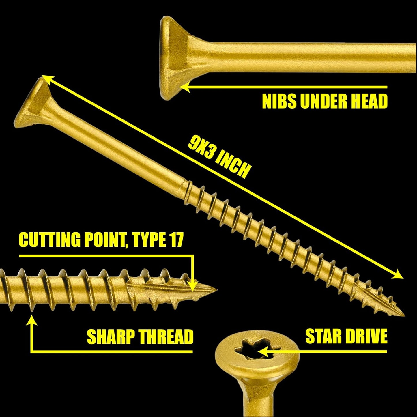 #9x3 Inch Wood Screws, 200 Count